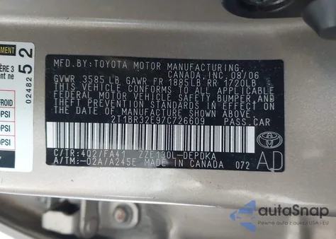 2007 Toyota Corolla Ce from USA, damaged, VIN 2T1BR32E97C726609